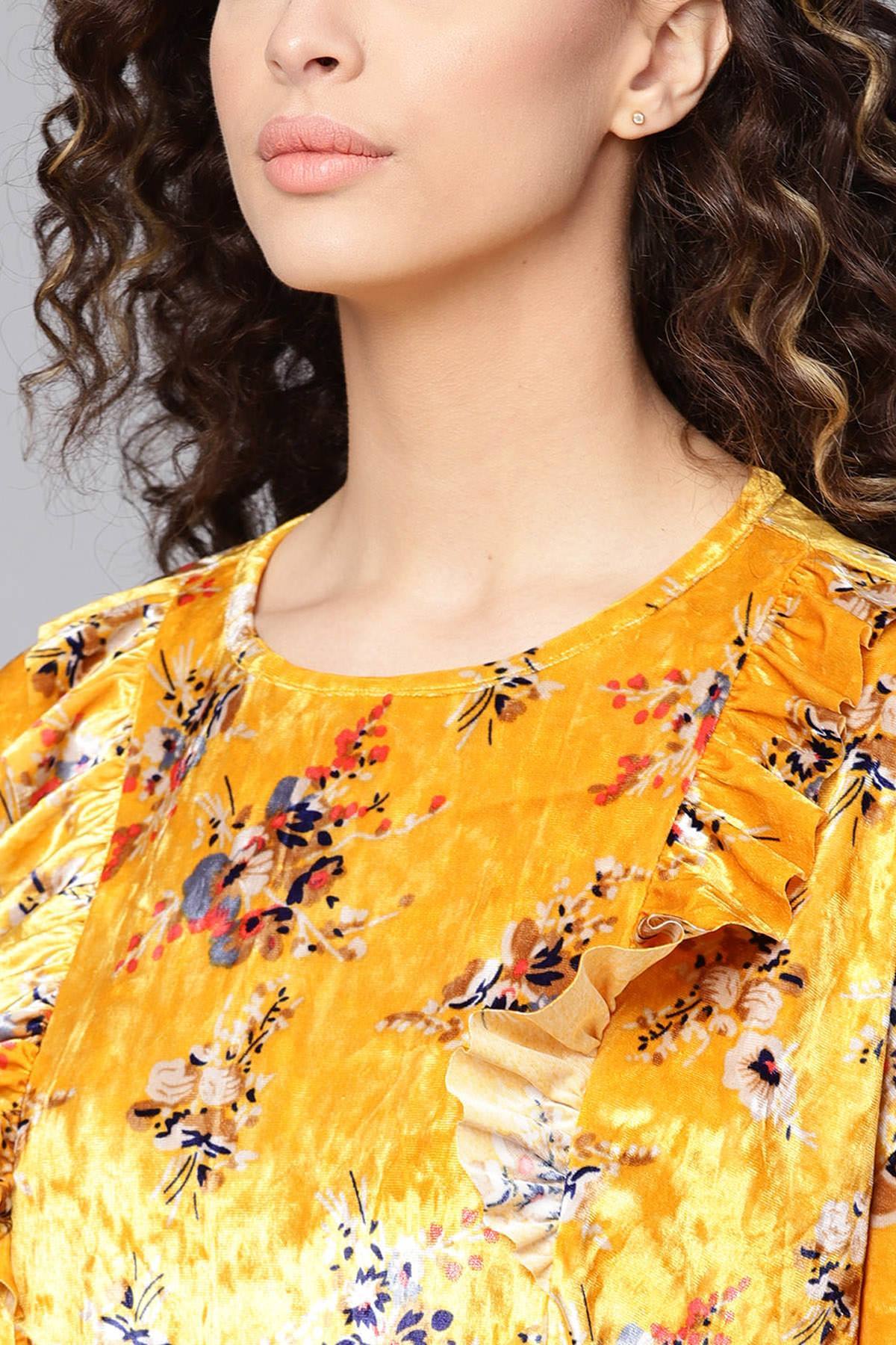 Women's Mustard Floral Velvet Boxy Top
