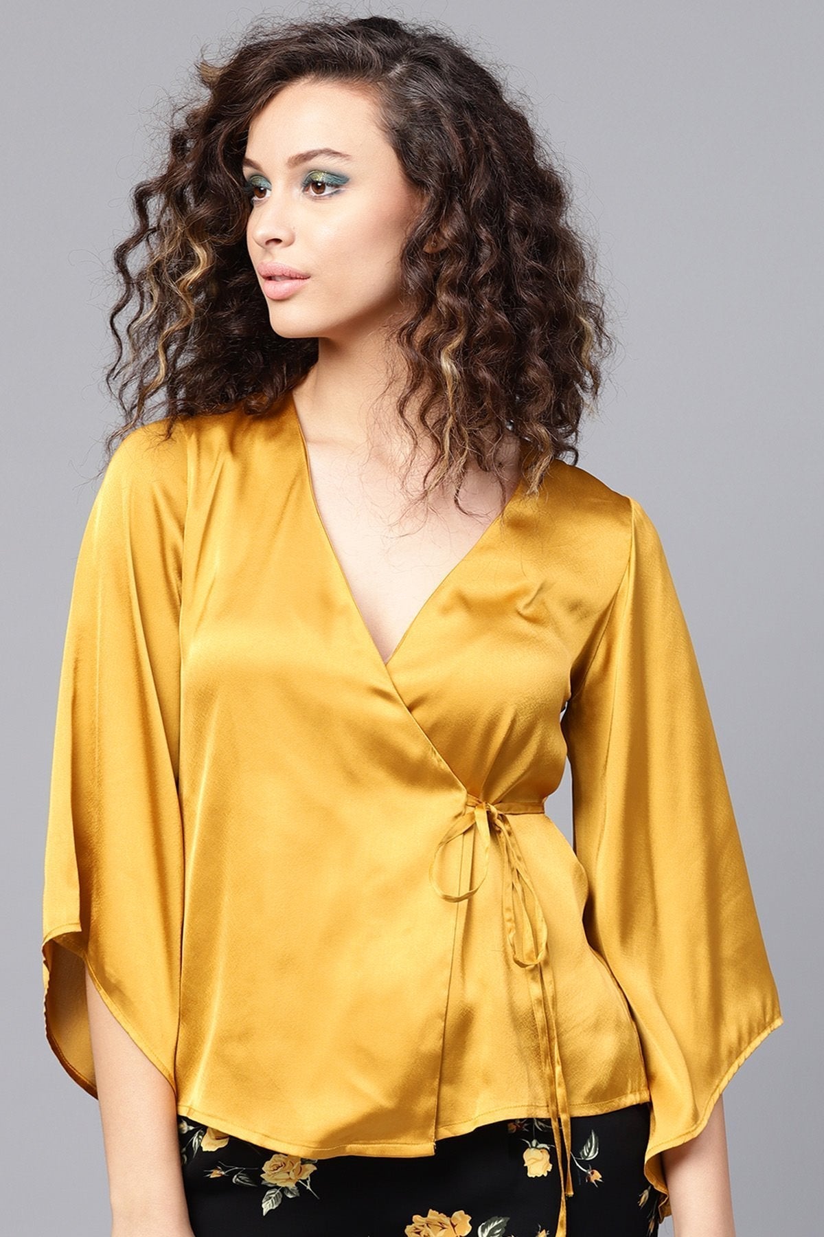 Women's Mustard Wrap Satin Tie-Up Top