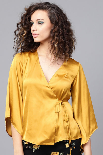 Women's Mustard Wrap Satin Tie-Up Top