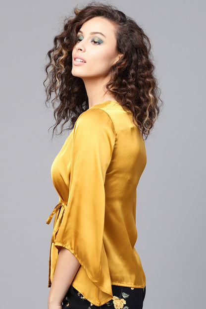 Women's Mustard Wrap Satin Tie-Up Top