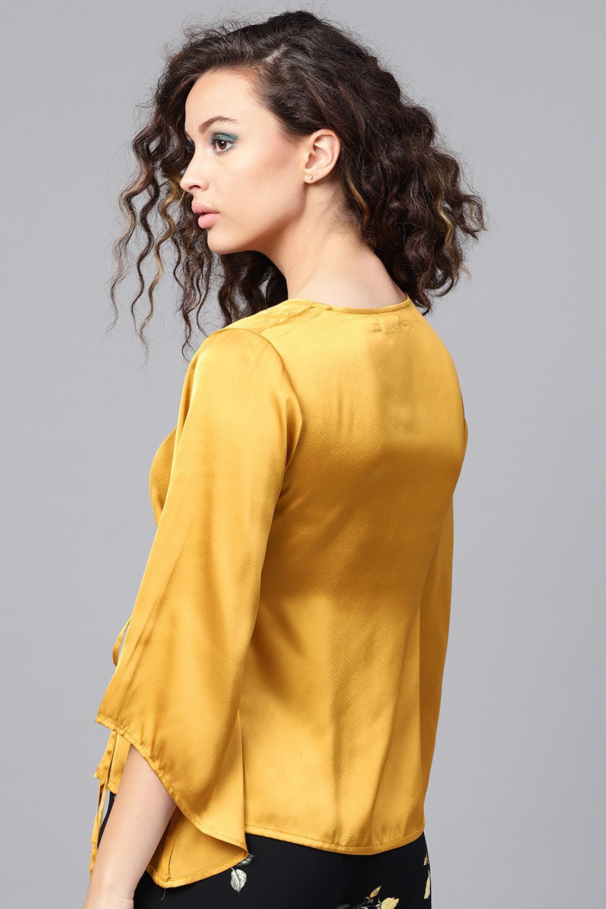 Women's Mustard Wrap Satin Tie-Up Top