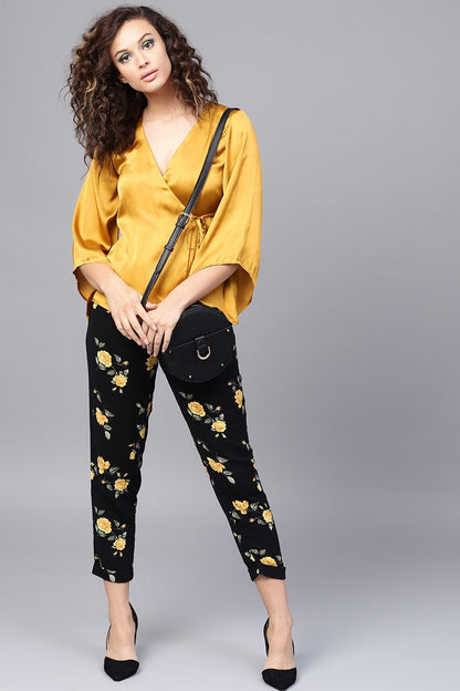 Women's Mustard Wrap Satin Tie-Up Top