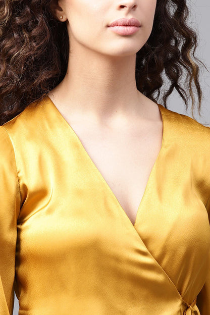 Women's Mustard Wrap Satin Tie-Up Top