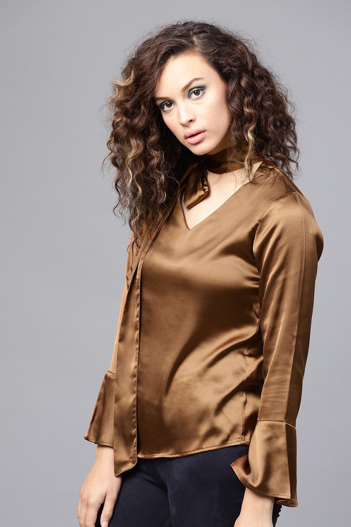 Women's Copper Satin Neck Tie Top