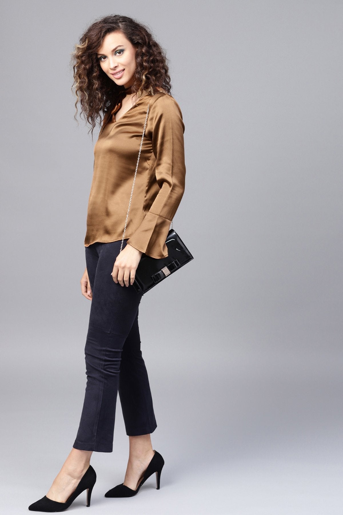 Women's Copper Satin Neck Tie Top