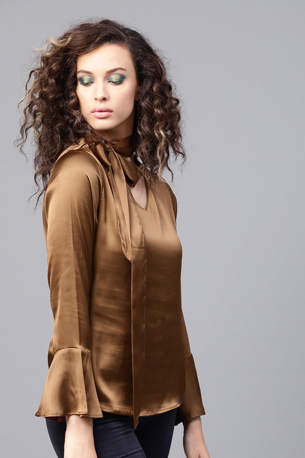 Women's Copper Satin Neck Tie Top