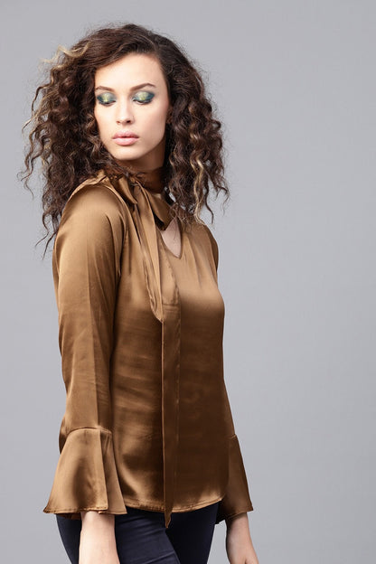 Women's Copper Satin Neck Tie Top