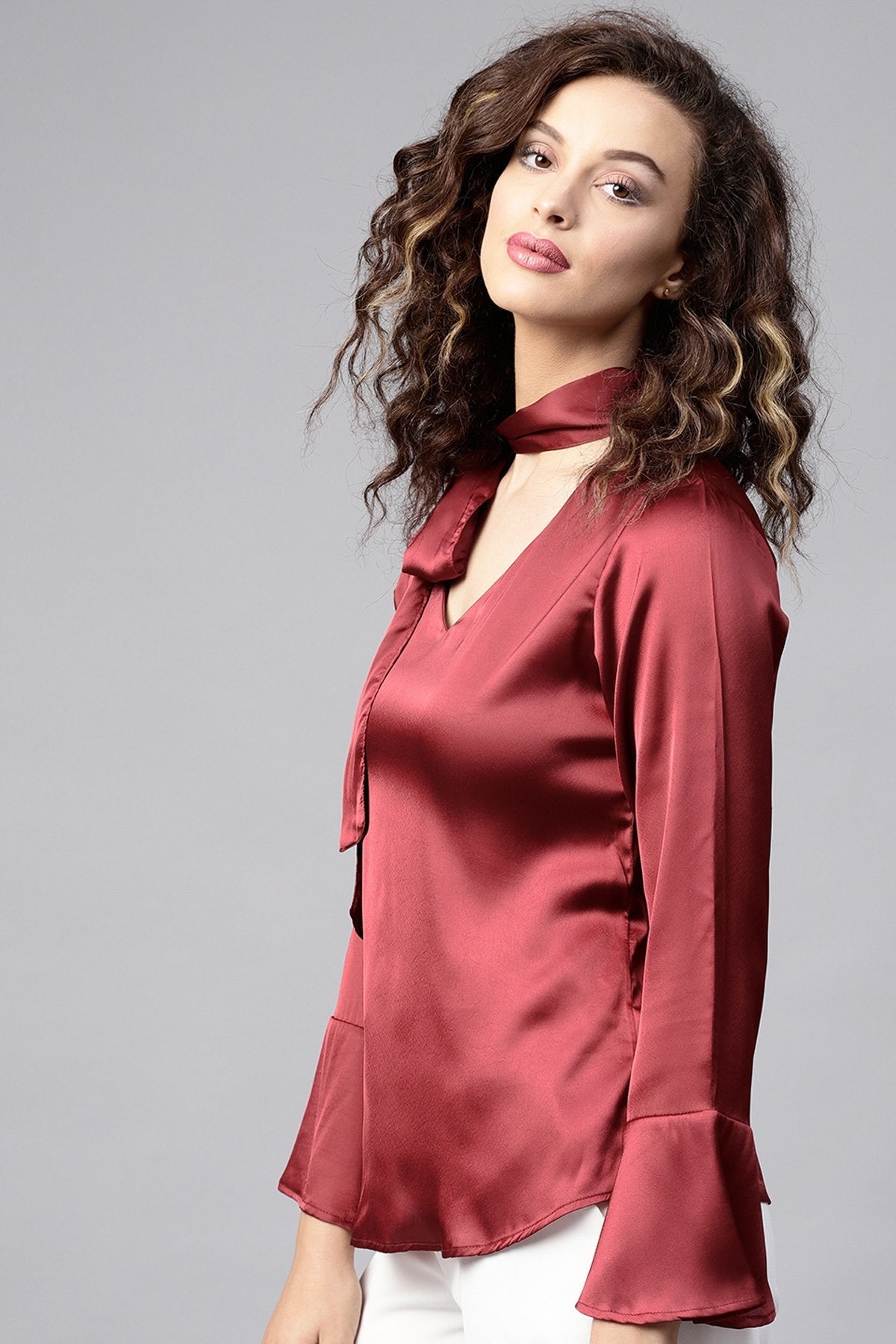 Women's Maroon Satin Neck Tie Top