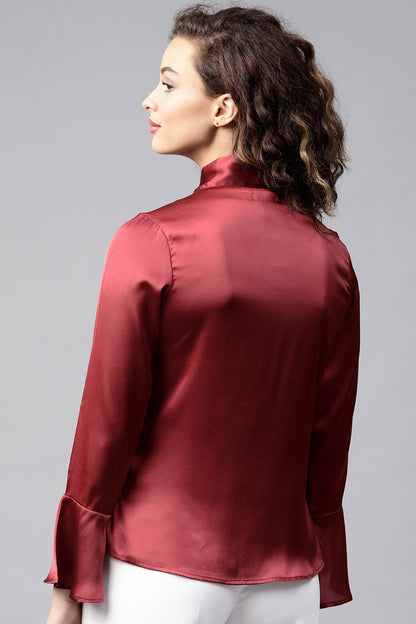 Women's Maroon Satin Neck Tie Top