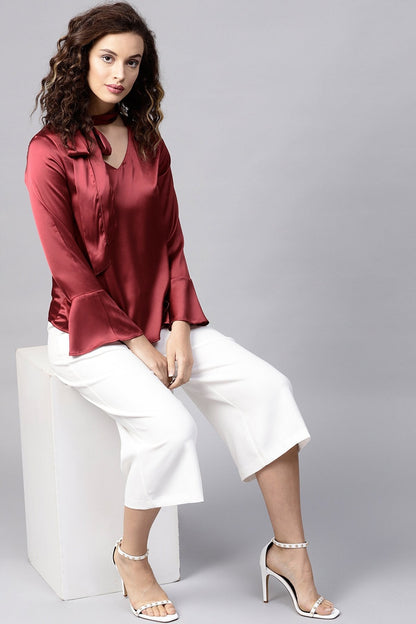 Women's Maroon Satin Neck Tie Top