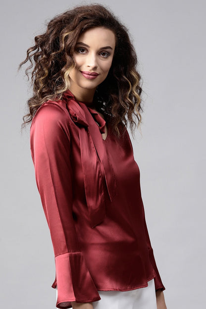 Women's Maroon Satin Neck Tie Top