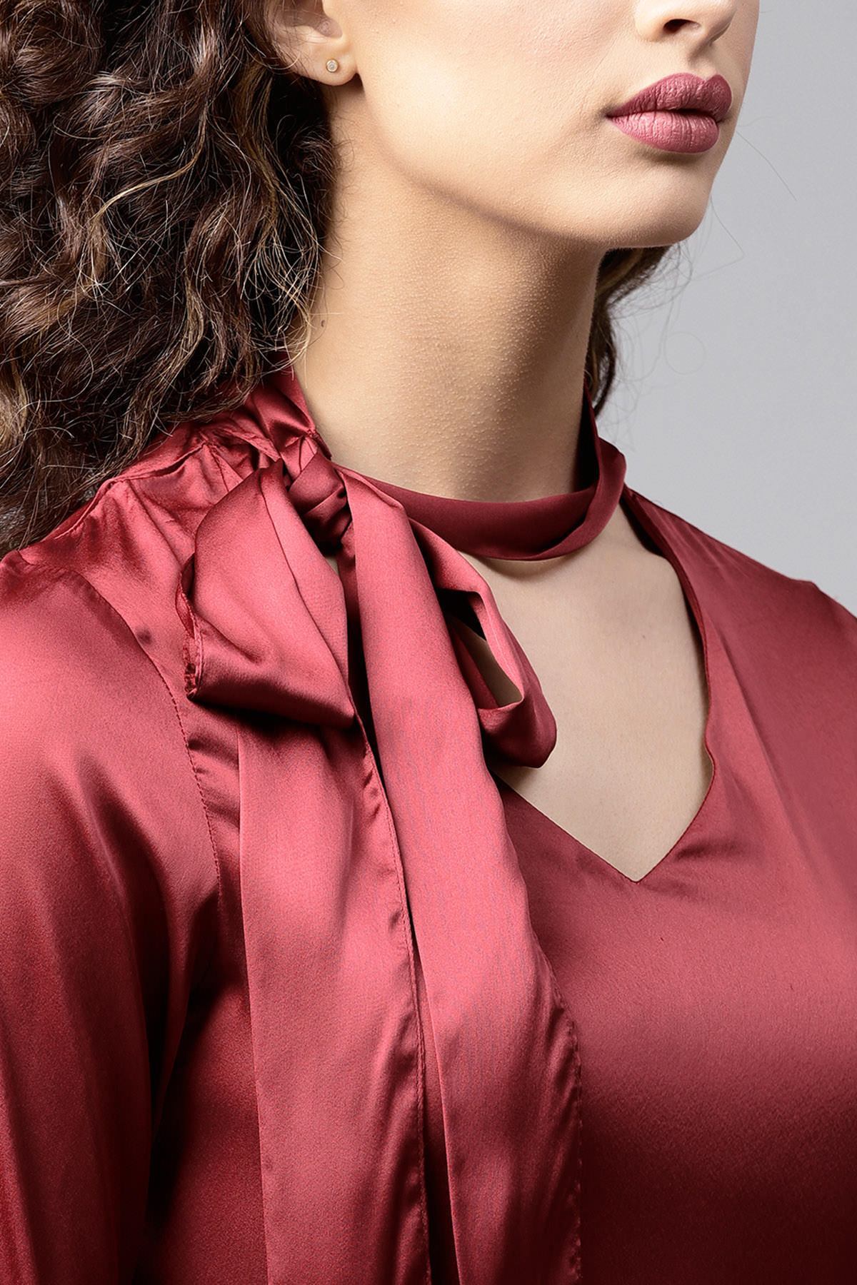 Women's Maroon Satin Neck Tie Top