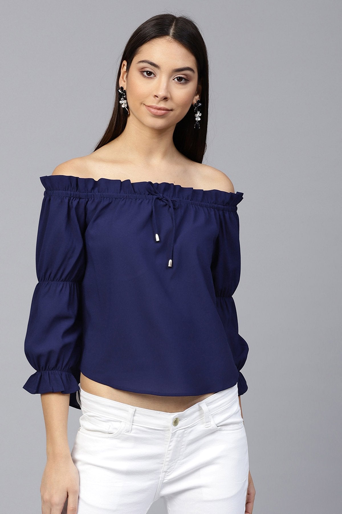 Women's Navy Drawstring Off Shoulder Top