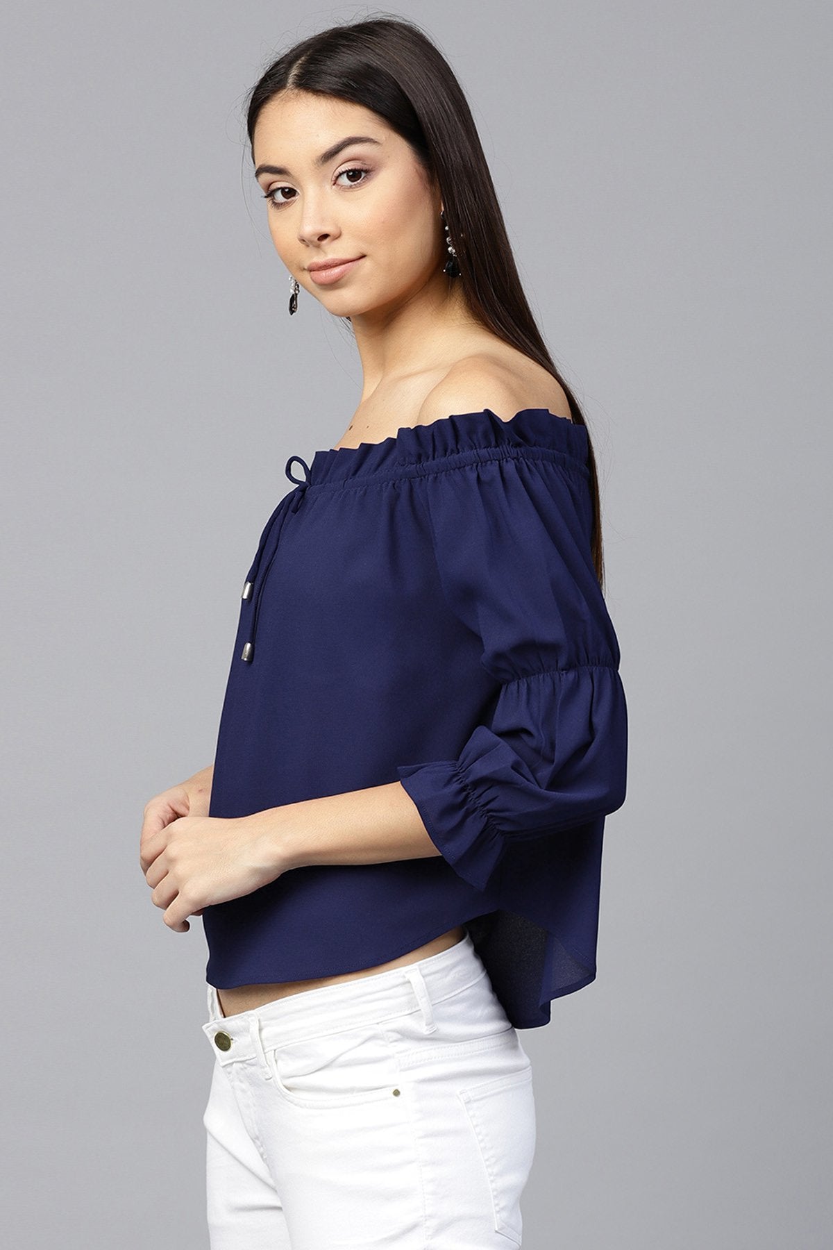 Women's Navy Drawstring Off Shoulder Top