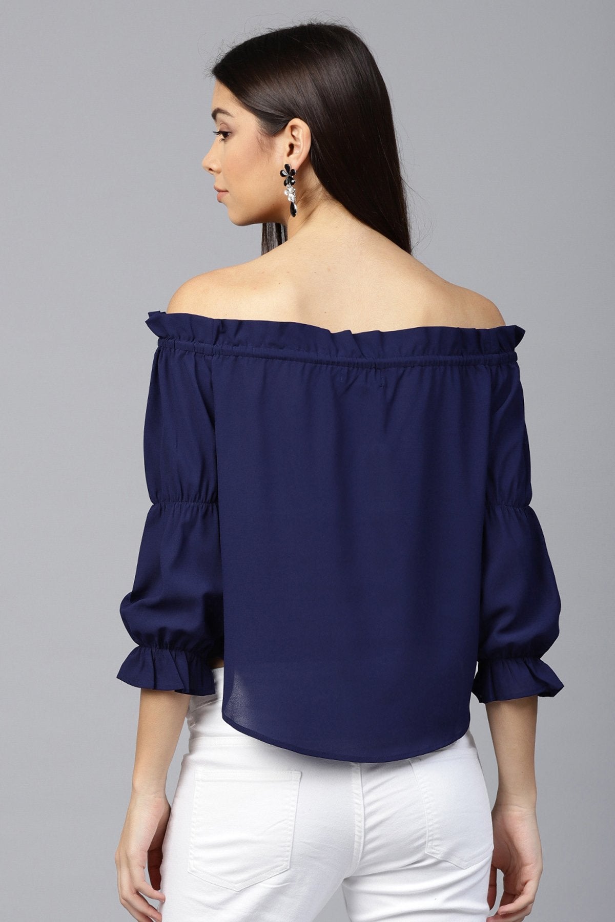Women's Navy Drawstring Off Shoulder Top