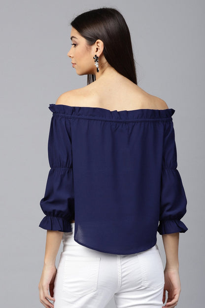 Women's Navy Drawstring Off Shoulder Top