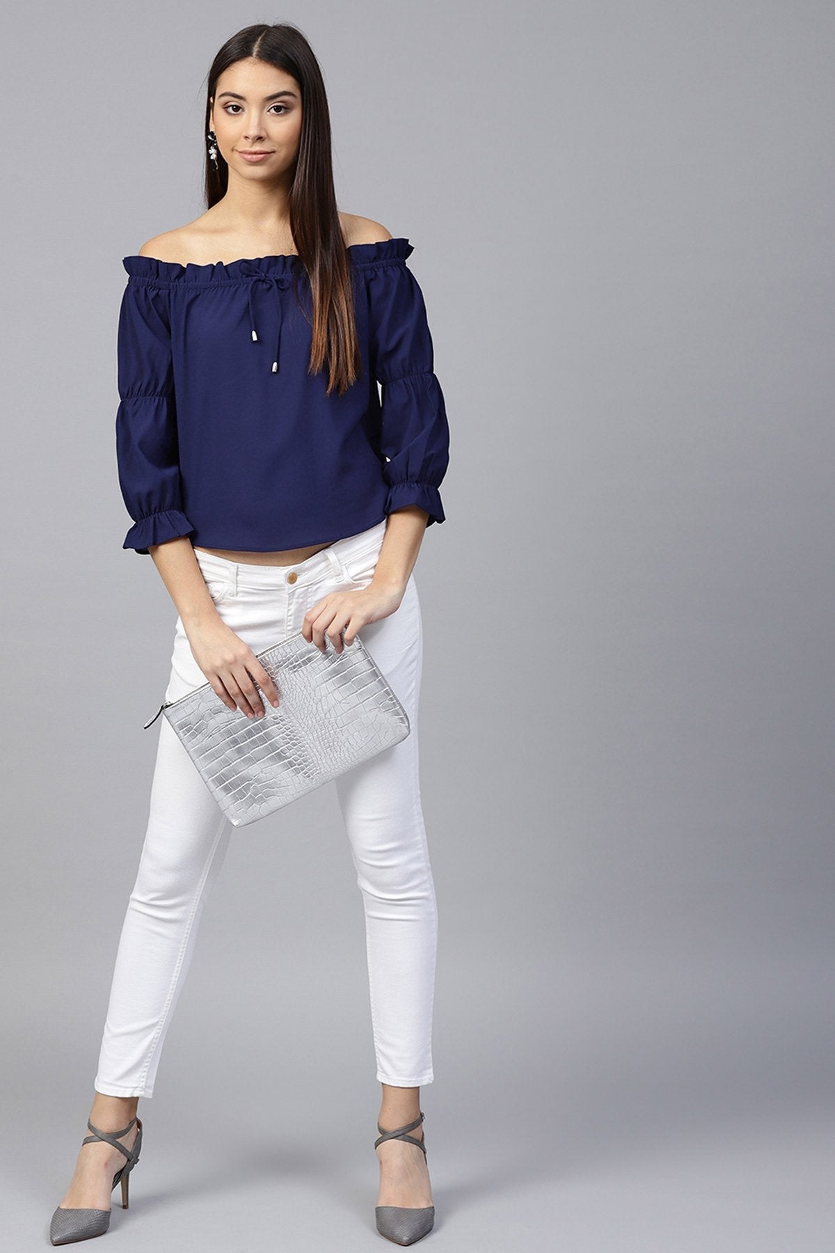 Women's Navy Drawstring Off Shoulder Top