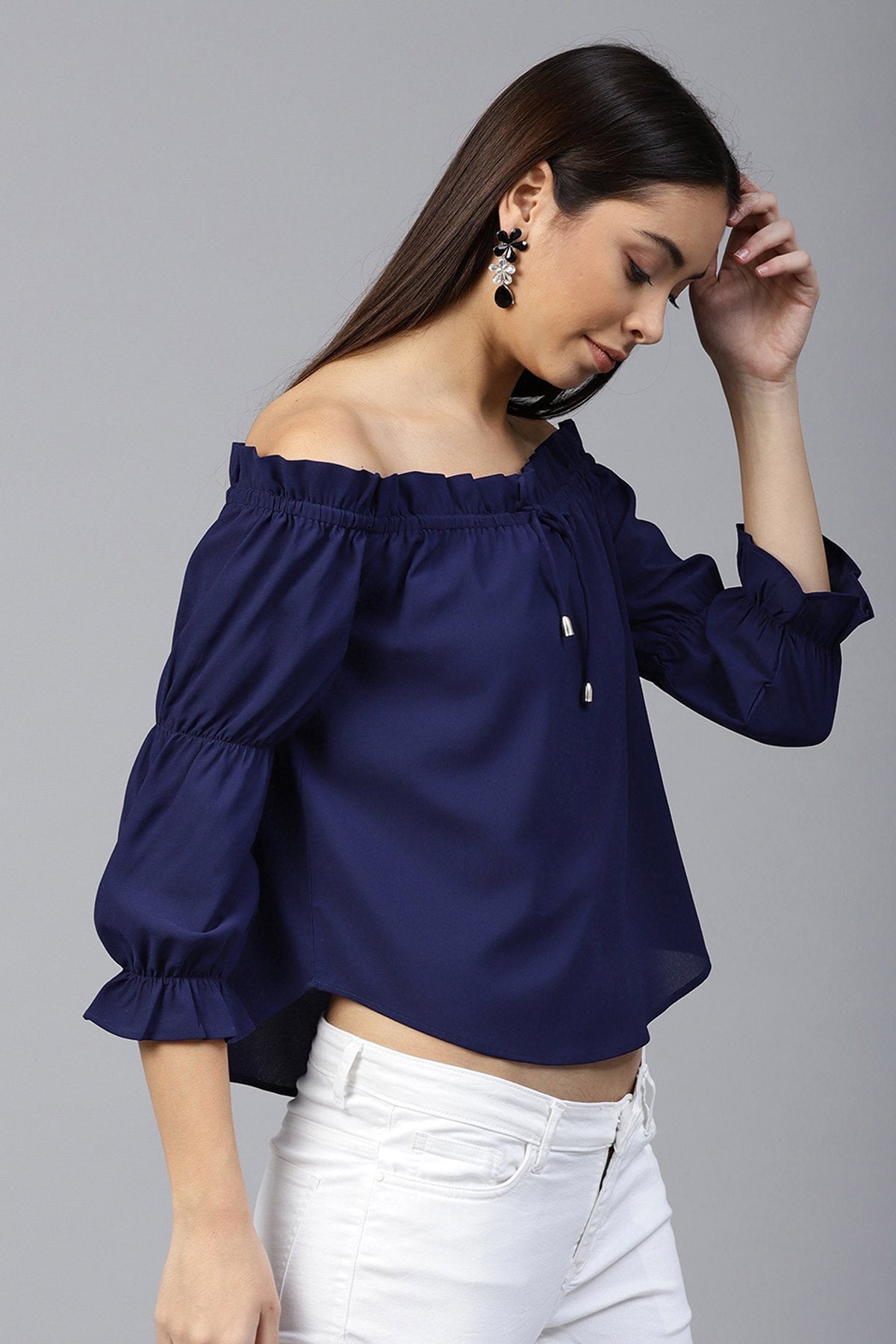 Women's Navy Drawstring Off Shoulder Top