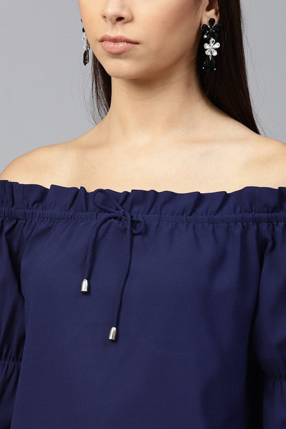 Women's Navy Drawstring Off Shoulder Top