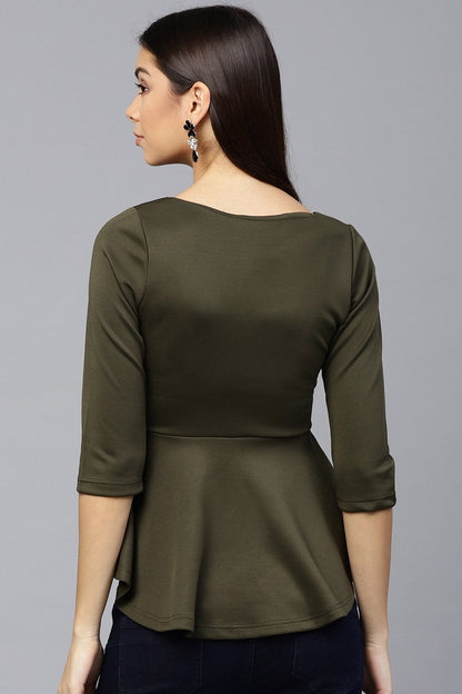 Women's Olive Scuba Lace Neck Peplum Top