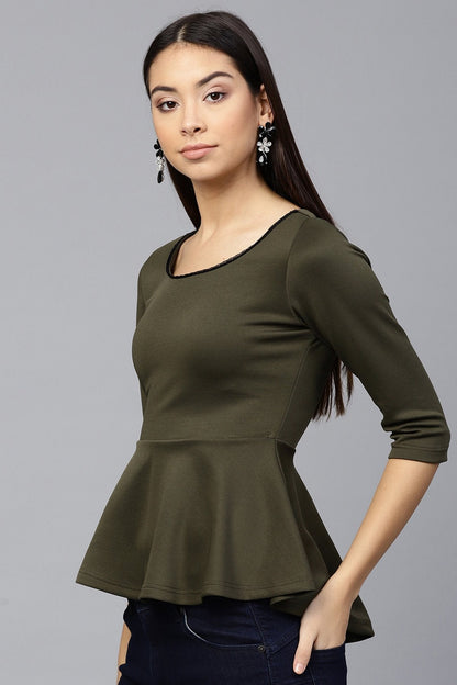 Women's Olive Scuba Lace Neck Peplum Top