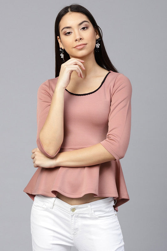 Women's Pink Scuba Lace Neck Peplum Top