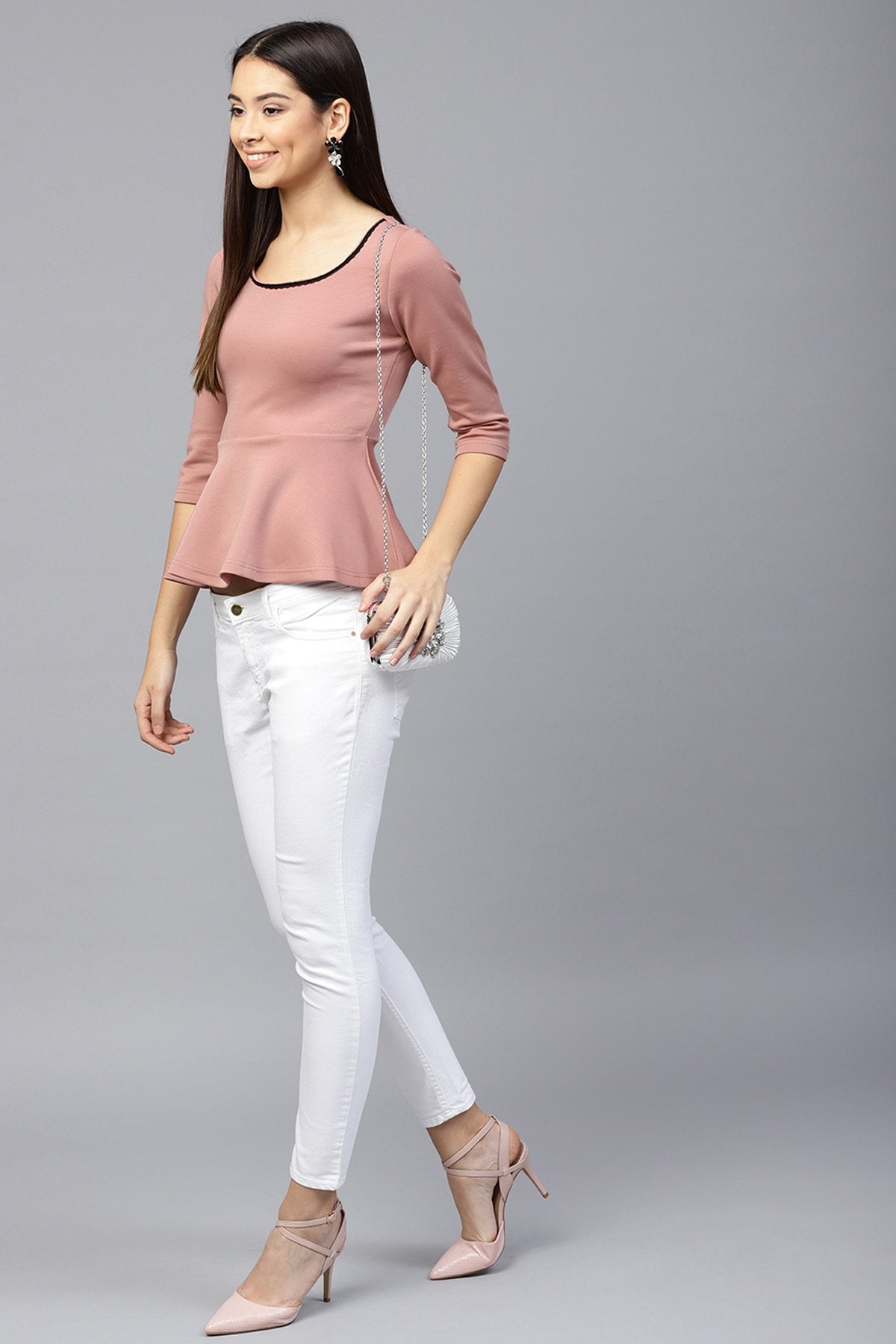 Women's Pink Scuba Lace Neck Peplum Top