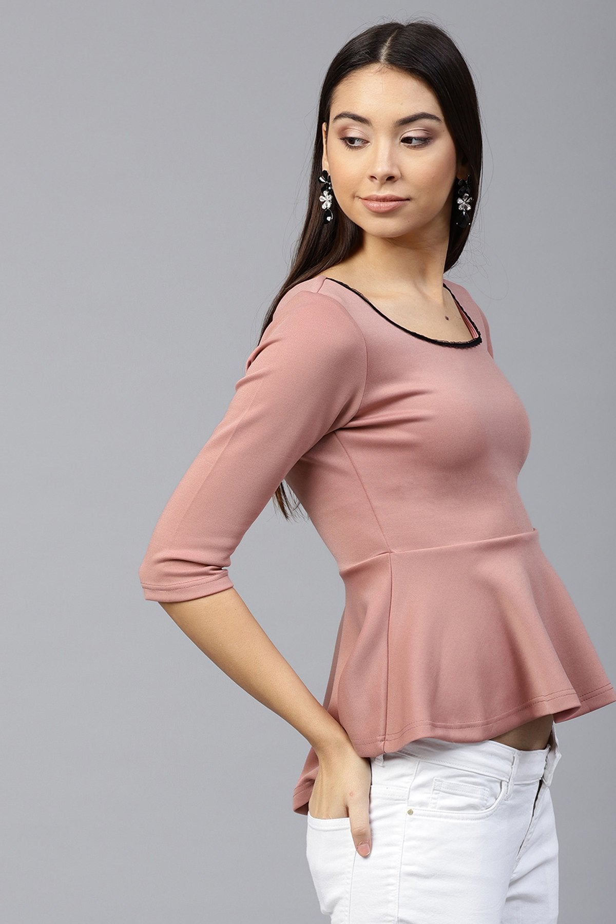 Women's Pink Scuba Lace Neck Peplum Top