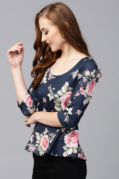 Women's Blue Floral Scuba Peplum Top