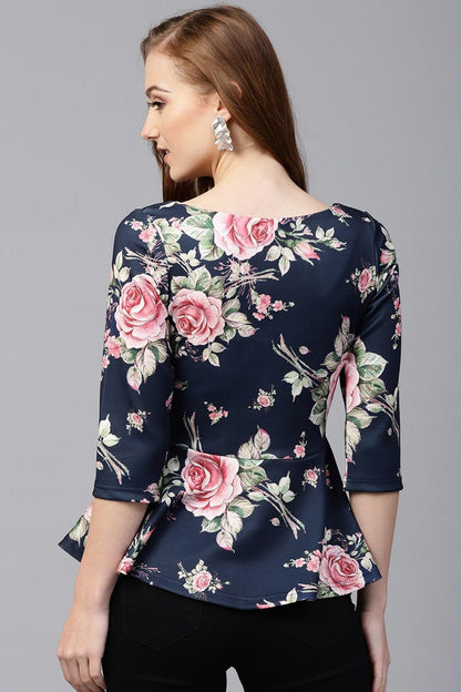 Women's Blue Floral Scuba Peplum Top