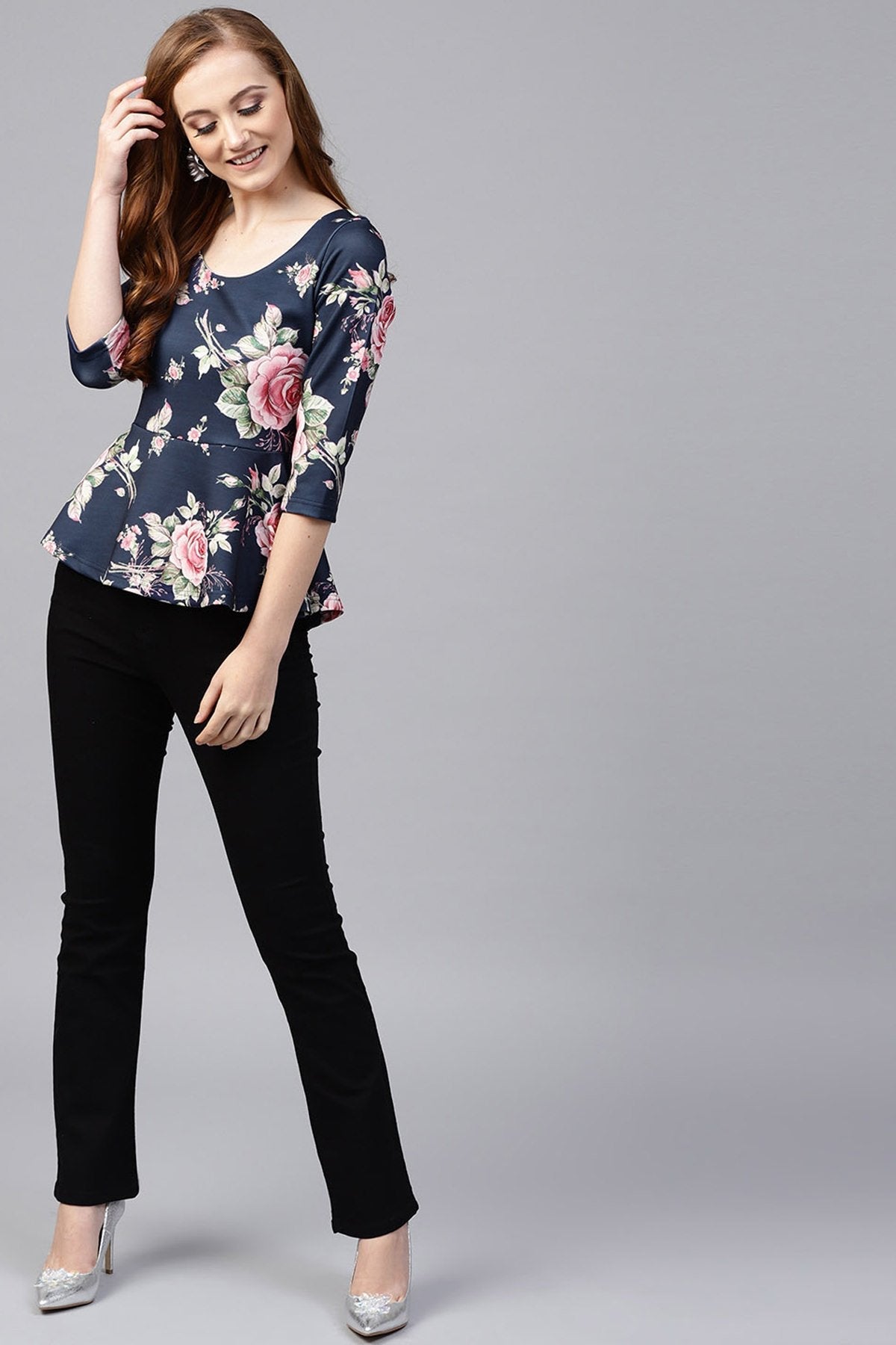 Women's Blue Floral Scuba Peplum Top