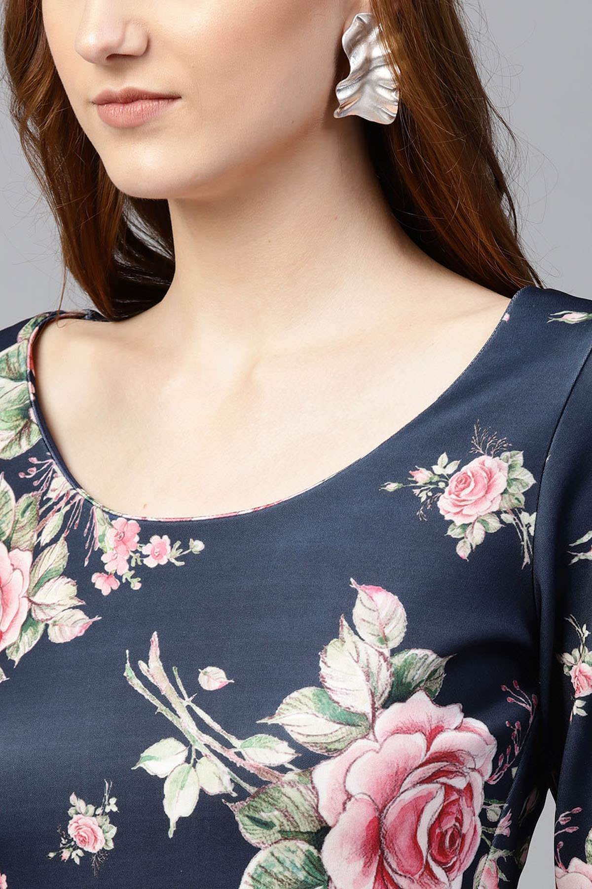 Women's Blue Floral Scuba Peplum Top