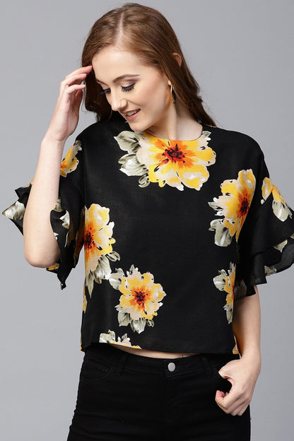 Women's Black Floral Silk Flared Sleeve Top