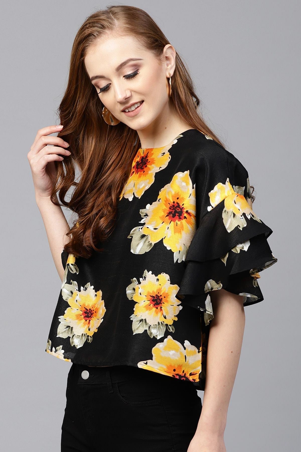 Women's Black Floral Silk Flared Sleeve Top