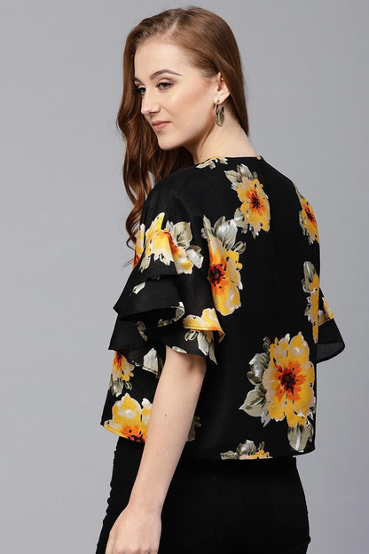 Women's Black Floral Silk Flared Sleeve Top