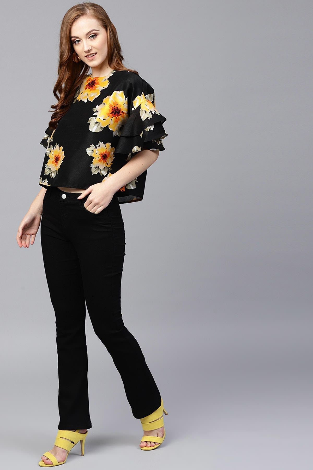 Women's Black Floral Silk Flared Sleeve Top
