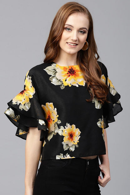 Women's Black Floral Silk Flared Sleeve Top