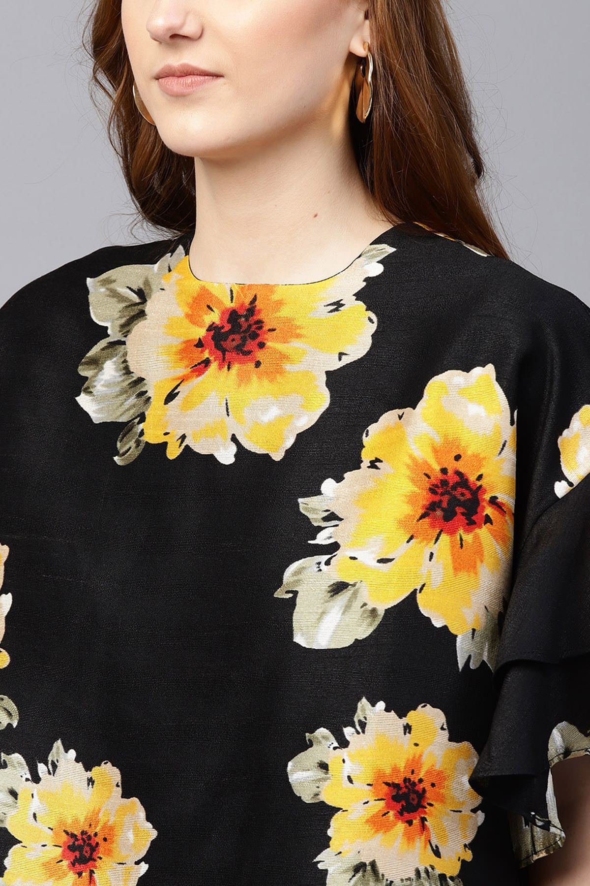 Women's Black Floral Silk Flared Sleeve Top