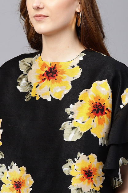 Women's Black Floral Silk Flared Sleeve Top