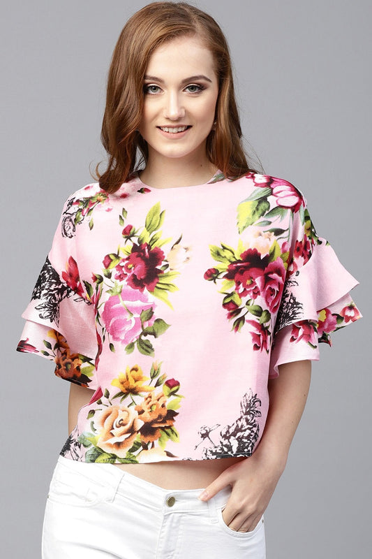 Women's Pink Floral Silk Flared Sleeve Top