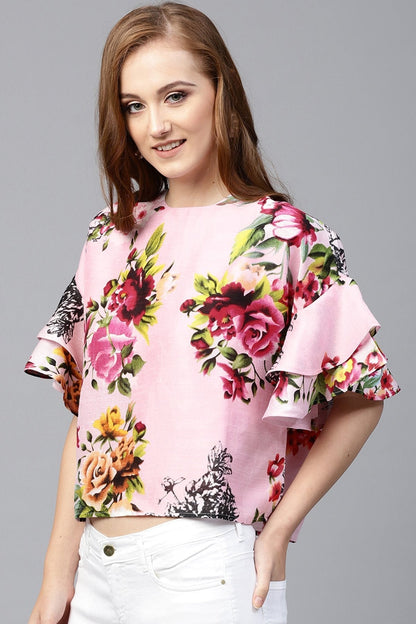 Women's Pink Floral Silk Flared Sleeve Top