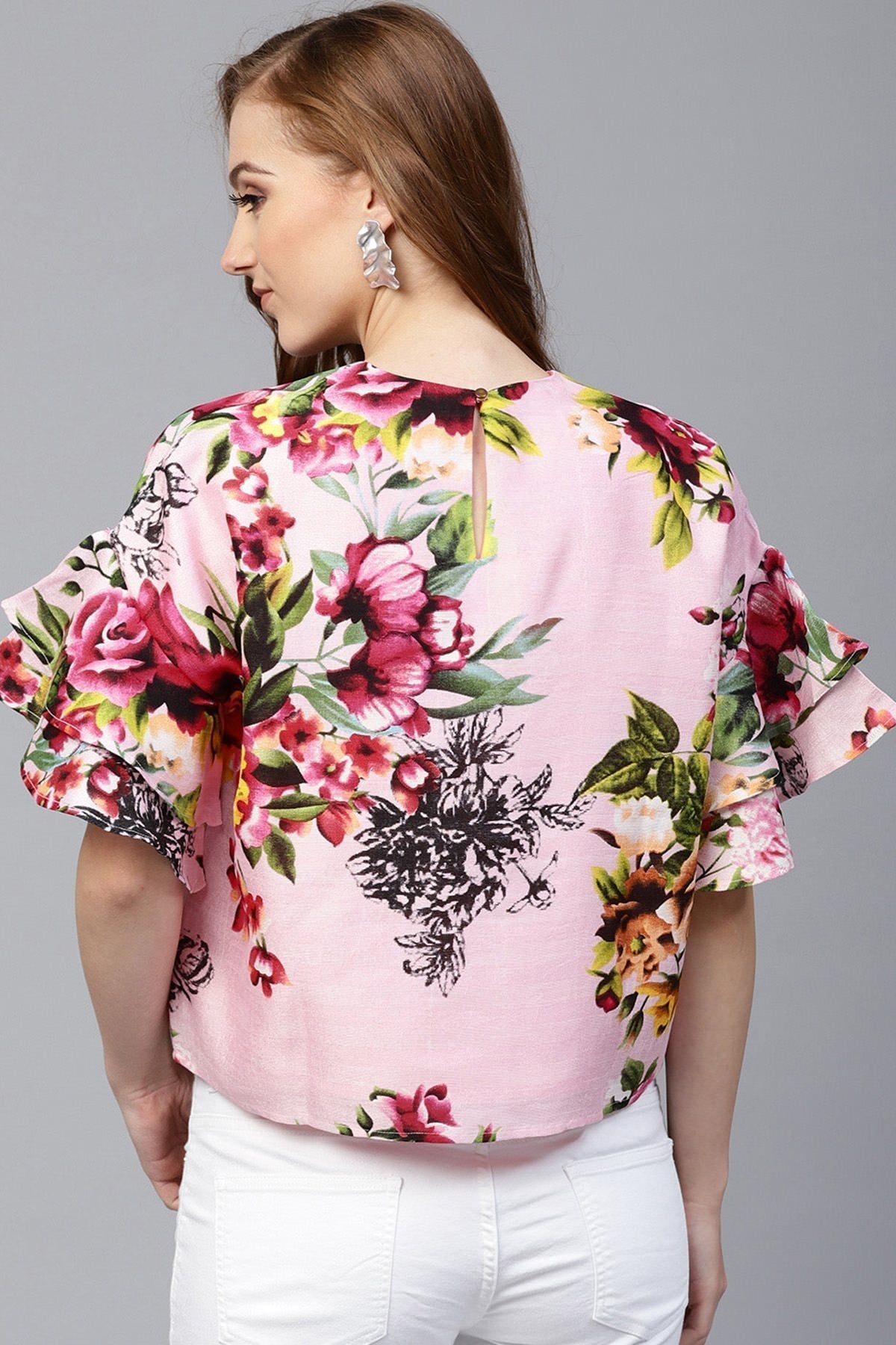 Women's Pink Floral Silk Flared Sleeve Top