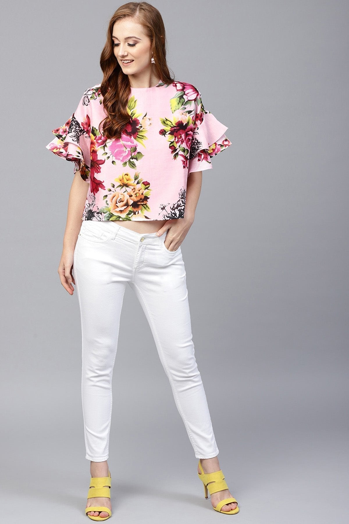 Women's Pink Floral Silk Flared Sleeve Top