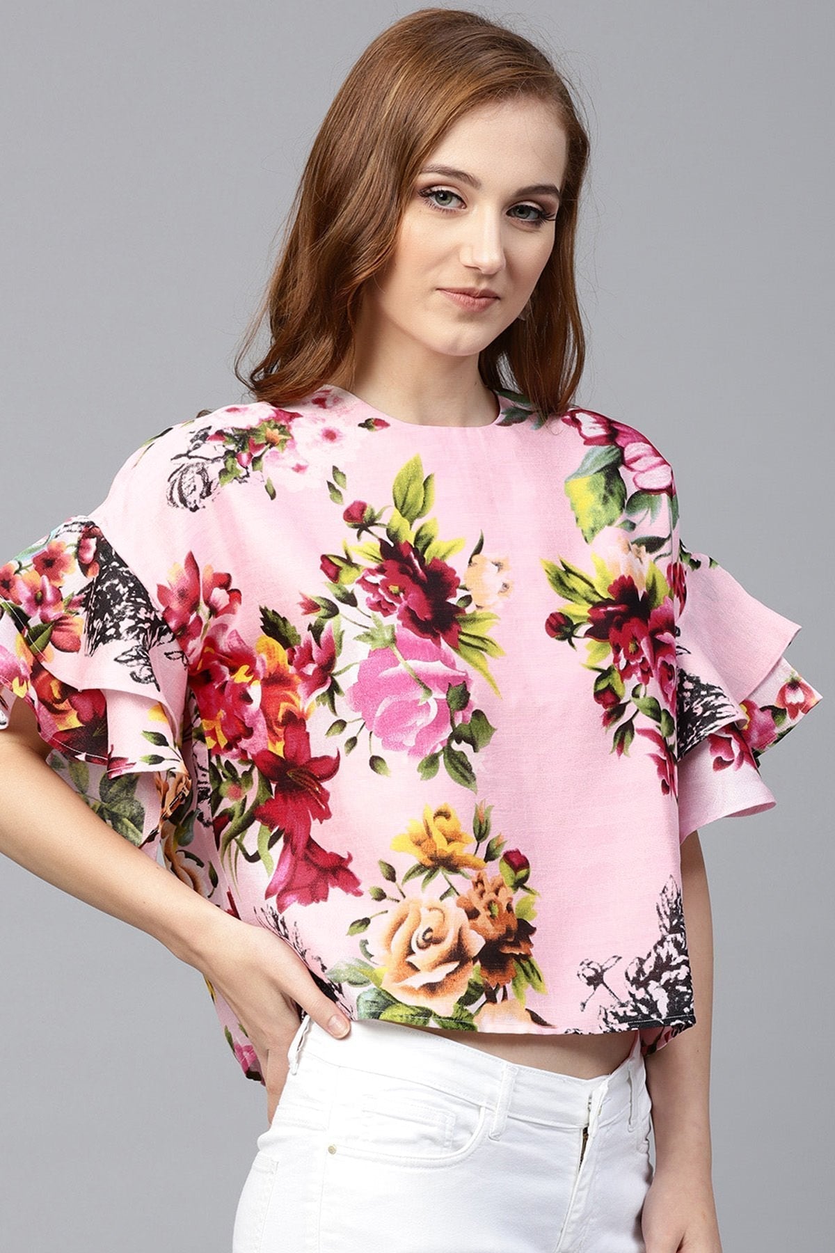 Women's Pink Floral Silk Flared Sleeve Top