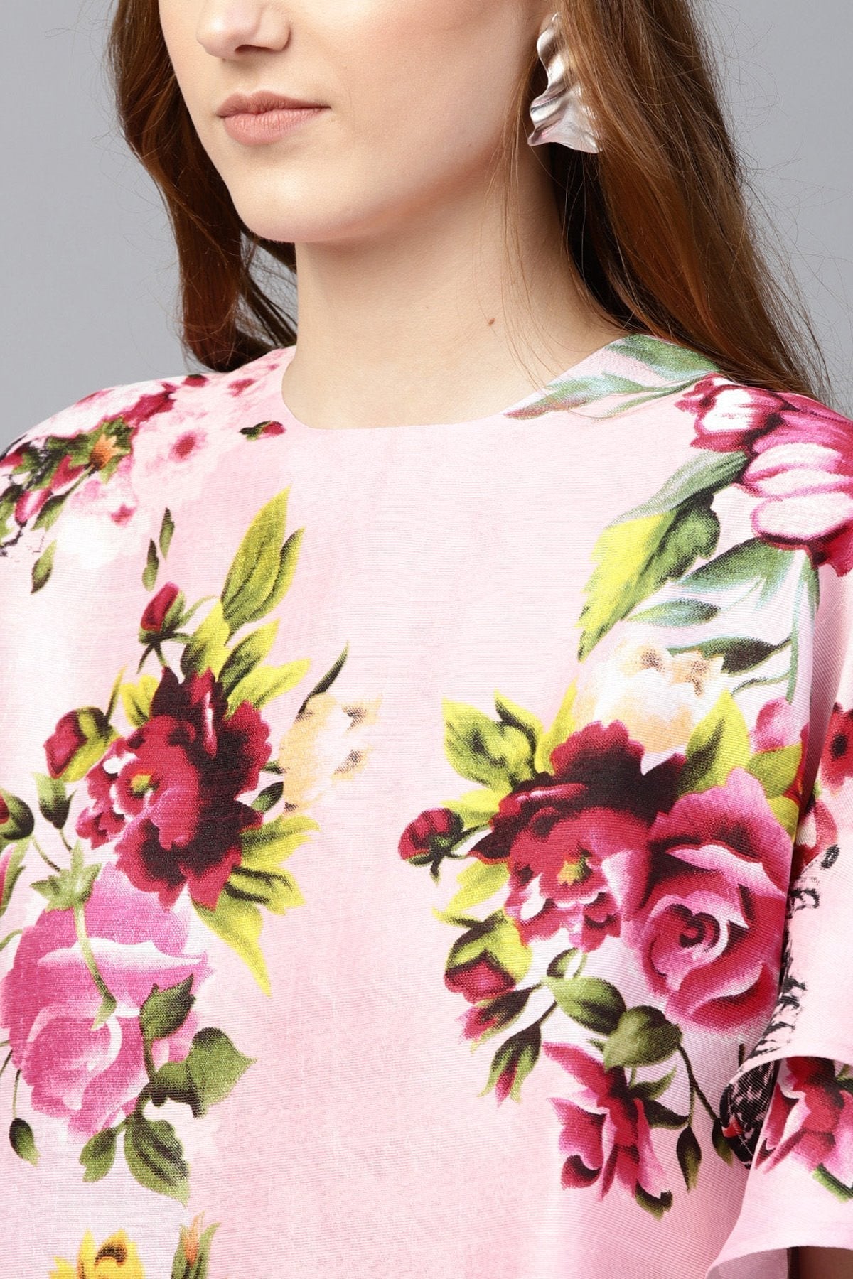 Women's Pink Floral Silk Flared Sleeve Top
