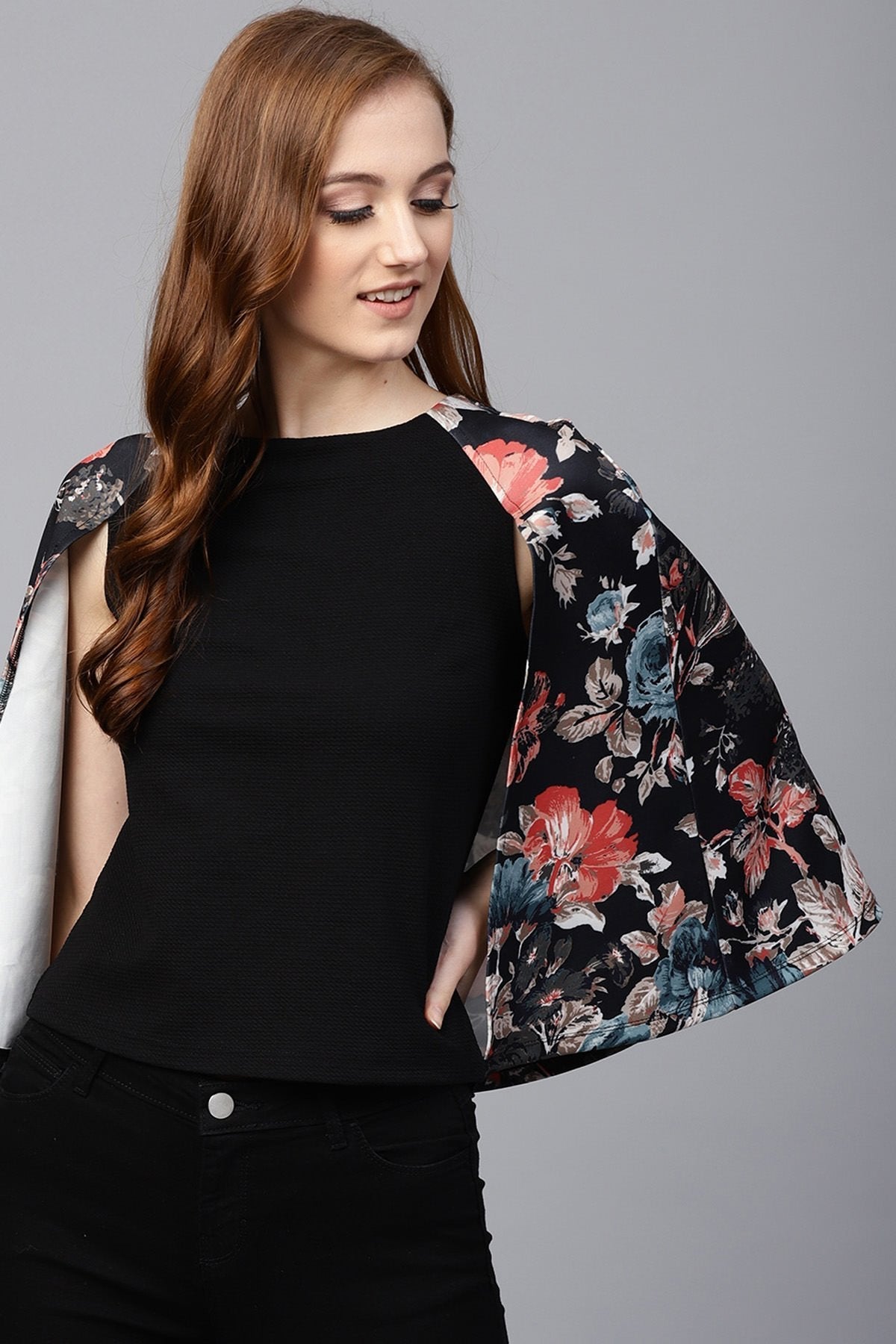 Women's Black Floral Scuba Cape Sleeve Top