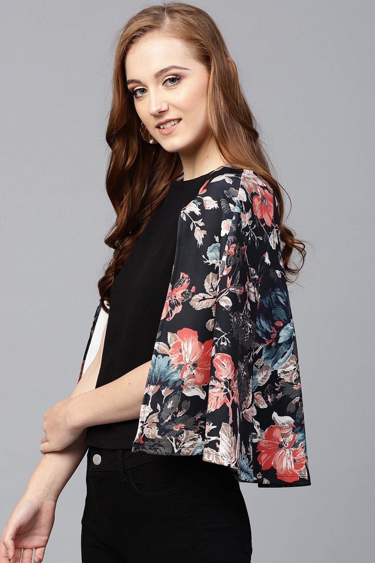 Women's Black Floral Scuba Cape Sleeve Top