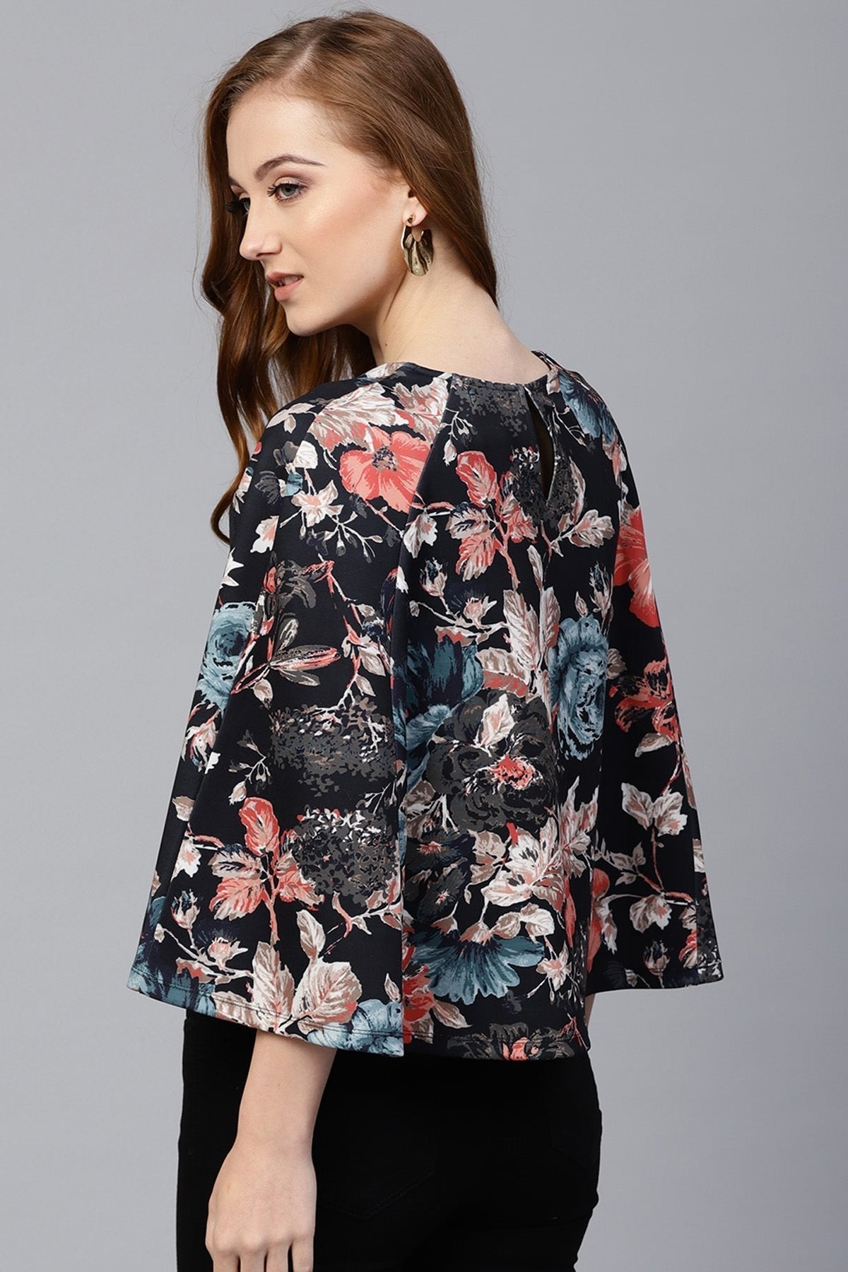 Women's Black Floral Scuba Cape Sleeve Top