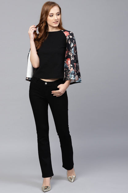 Women's Black Floral Scuba Cape Sleeve Top