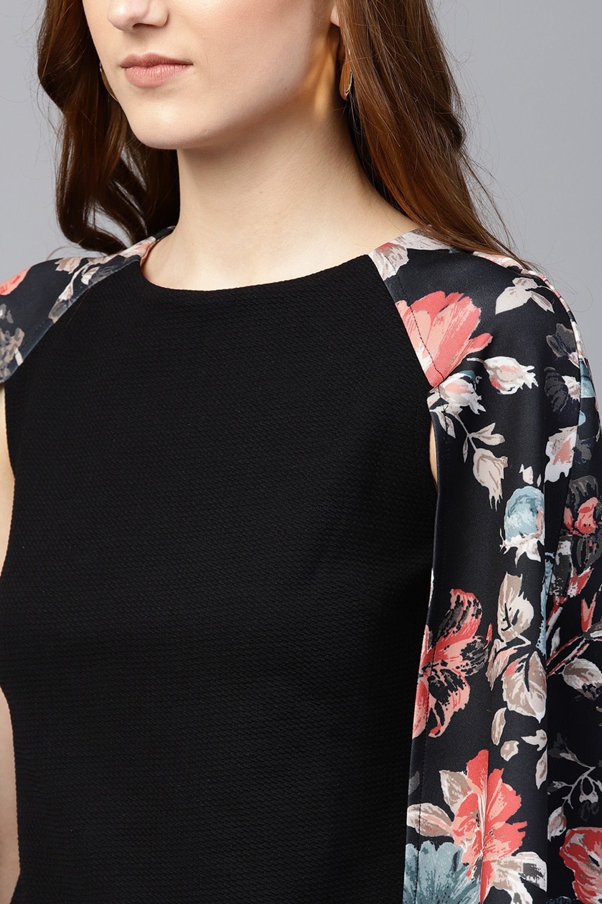 Women's Black Floral Scuba Cape Sleeve Top